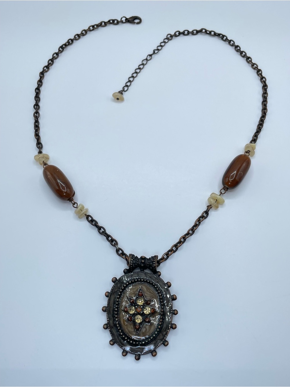 Vintage Gold Tone Brown Acrylic Crystal Beaded Medallion Pendant Necklace